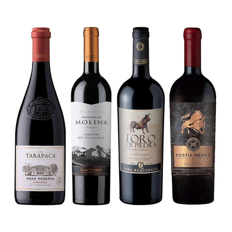 PACK VINOS GRAN RESERVA Nº5: Tarapacá Gran Reserva Carmenere 750cc + Castillo de Molina Carmenere 750cc + Toro de Piedra Cabernet Sauvignon 750cc + Bestia Negra Cabernet Sauvignon 750cc