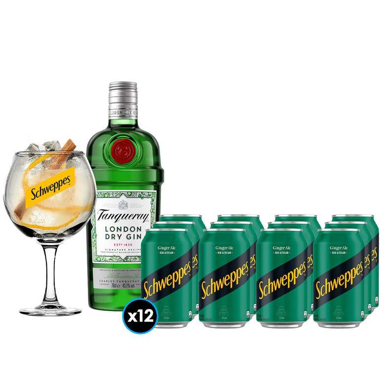 Gin Tanqueray 700cc + Copa Schweppes + 12x Bebida Schweppes Ginger Ale