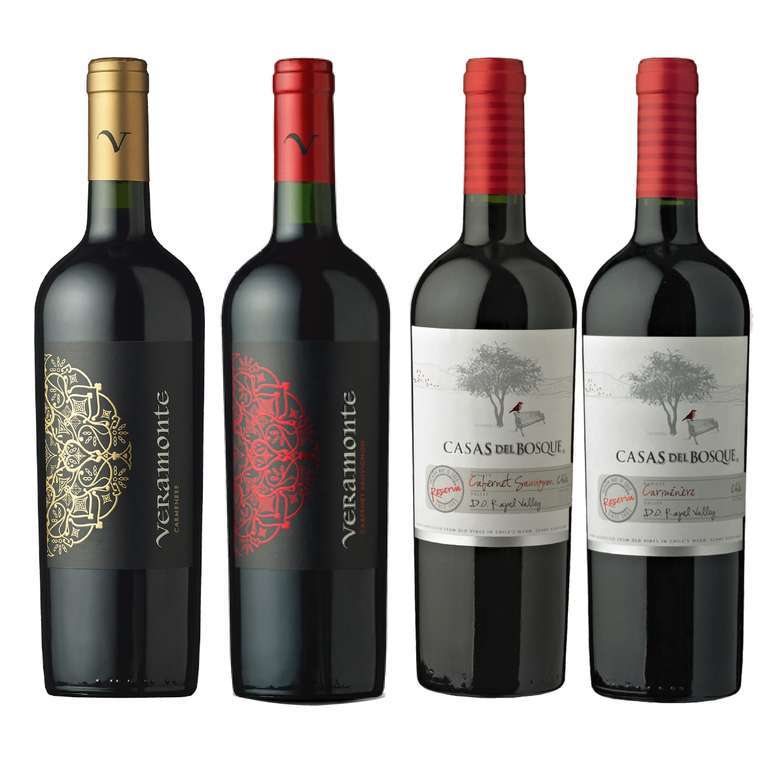 PACK VERAMONTE CdB: Vino Veramonte Reserva Carmenere 750cc + Vino Veramonte Reserva Cabernet Sauvignon 750cc + Vino Casas del Bosque Reserva Cabernet Sauvignon 750cc + Vino Casas del Bosque Reserva Carmenere 750cc