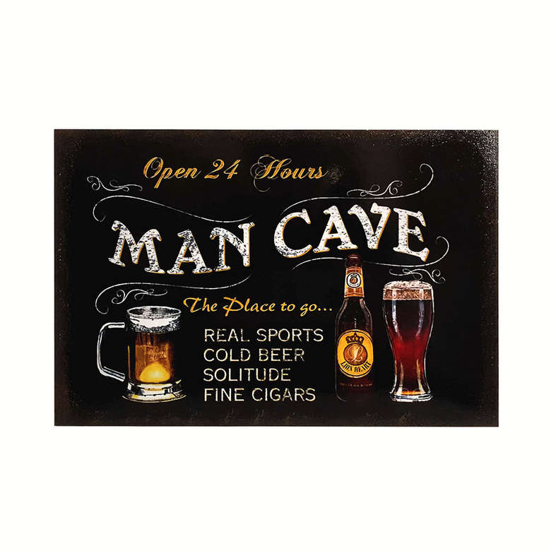 Afiche Man Cave Open 24 Hours Madera Vitrificada 20 x 30 cm.