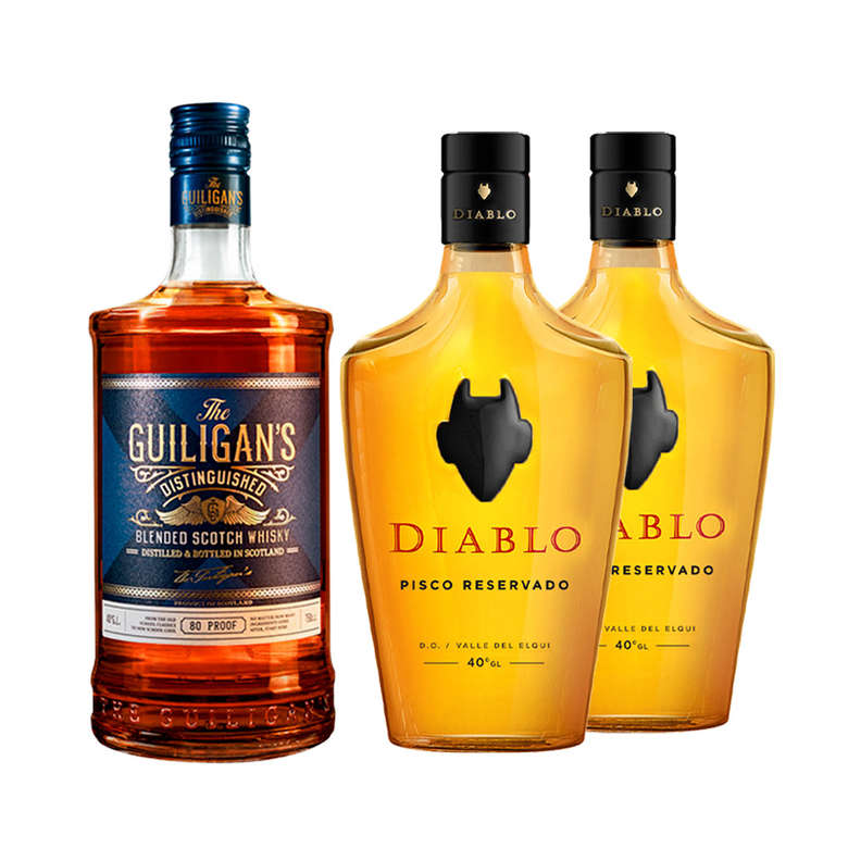 2x Pisco Diablo Reservado 700cc 40 Alc 1x Whisky The Guiligans