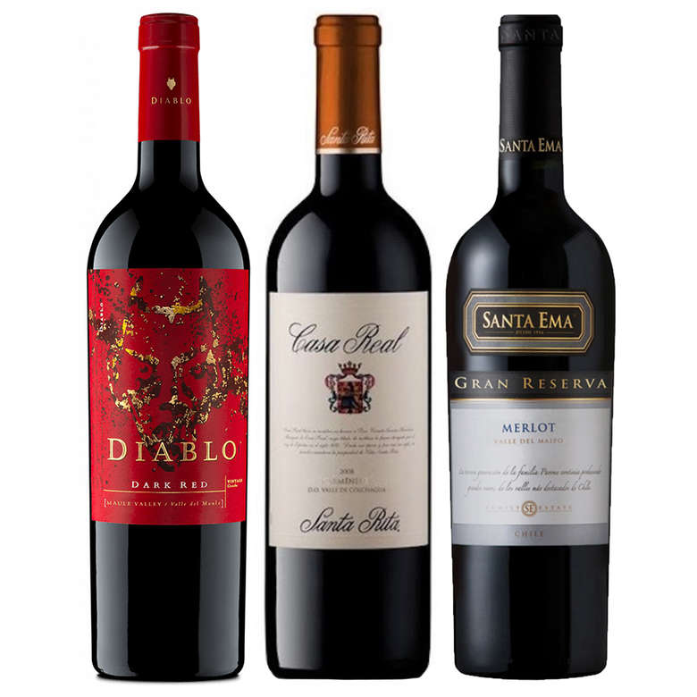 CYBER WINE PACK Nº2: 1x Vino Diablo Dark Red 750cc + 1x Vino Casa Real Carmenere 750cc + 1x Vino Santa Ema Gran Reserva Merlot 750cc