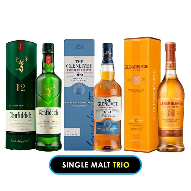 SINGLE MALT TRIO Whisky Glenfiddich 12 años 750cc 40º alc. + Whisky