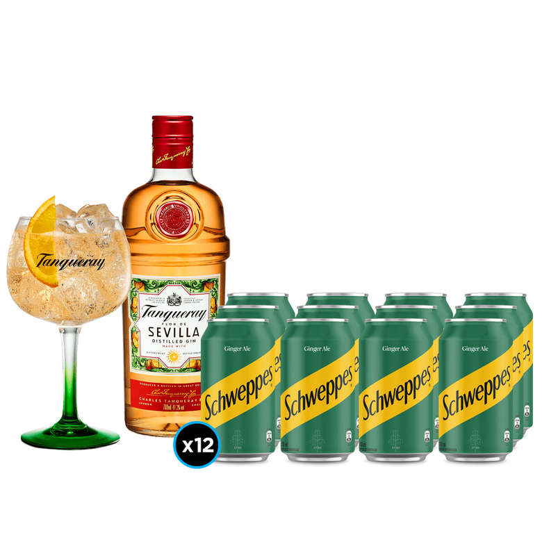 Gin Tanqueray Sevilla 700cc + Copón Tanqueray + 12x Bebida Schweppes Ginger