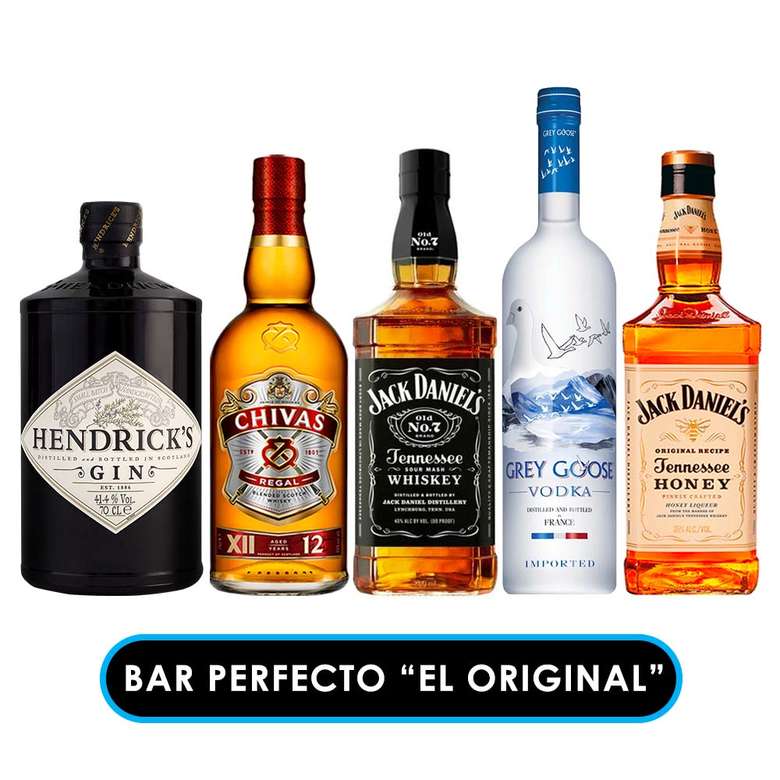 EL BAR PERFECTO "EL ORIGINAL": Gin Hendricks 700cc + Whisky Chivas Regal 12 años 750cc + Whiskey Jack Daniels 750cc + Vodka Grey Goose 750cc + Whiskey Jack Daniels Honey 750cc.