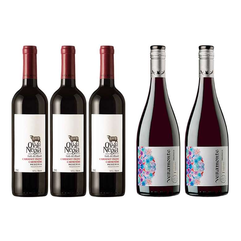 PACK VINOS RESERVA Nº5: 3x Vino Oveja Negra Cabernet Franc/Carmenere 750cc + 2x Vino Veramonte Pinot Noir Reserva 750cc